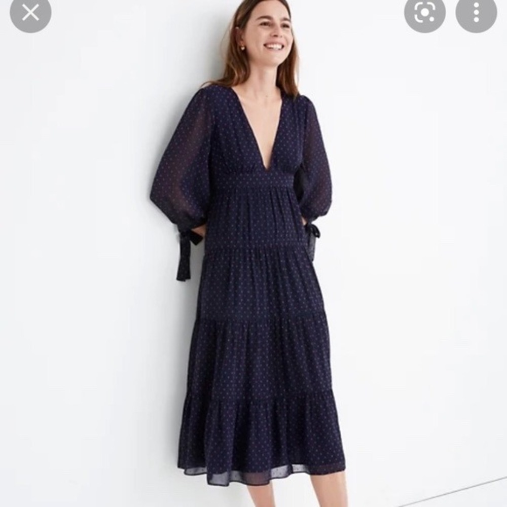 Madewell Navy Pink Clip Dot Tiered Midi Dress V-Neck Tie Sleeve Size 16